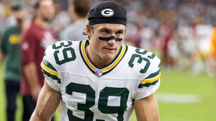 Oct 19, 2025; Glendale, Arizona, USA; Green Bay Packers safety Zayne Anderson (39) against the Arizona Cardinals at State Farm Stadium. Mandatory Credit: Mark J. Rebilas-Imagn Images