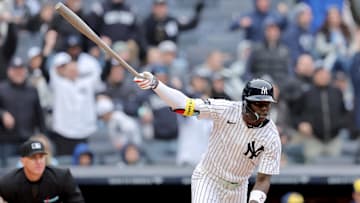  New York Yankees second baseman Jazz Chisholm Jr. watches his three run home run against the Milwaukee Brewers during the seventh inning at Yankee Stadium. 