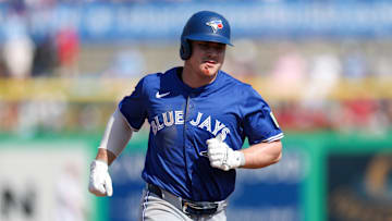 Mar 8, 2025: Toronto Blue Jays designated hitter Alan Roden (83) runs the bases after hitting a home run against the Philadelphia Phillies in the sixth inning during spring training at BayCare Ballpark. 