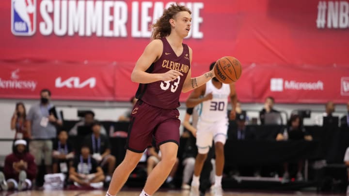 Jul 13, 2022; Las Vegas, NV, USA; Cleveland Cavaliers forward Luke Travers (33) dribbles against the Charlotte Hornets during an NBA Summer League game at Cox Pavilion. Mandatory Credit: Stephen R. Sylvanie-USA TODAY Sports