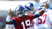 Jul 24, 2025; East Rutherford, NJ, USA; New York Giants quarterback Jameis Winston (19) on the field during training camp at Quest Diagnostics Training Center. Mandatory Credit: Vincent Carchietta-Imagn Images