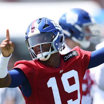 Jul 24, 2025; East Rutherford, NJ, USA; New York Giants quarterback Jameis Winston (19) on the field during training camp at Quest Diagnostics Training Center. Mandatory Credit: Vincent Carchietta-Imagn Images