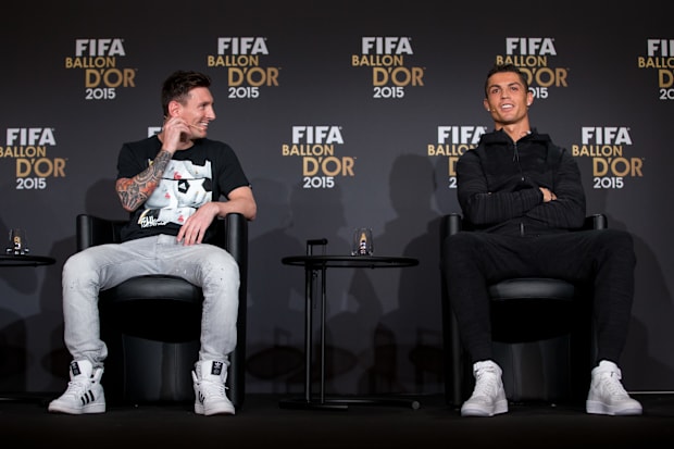 Lionel Messi and Cristiano Ronaldo in the 2014 Ballon d‘Or award ceremony.