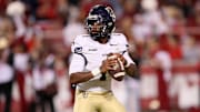 Nov 18, 2023; Fayetteville, Arkansas, USA; FIU Panthers quarterback Keyone Jenkins (1) looks to pass in the second quarter against the Arkansas Razorbacks at Donald W. Reynolds Razorback Stadium. Mandatory Credit: Nelson Chenault-Imagn Images