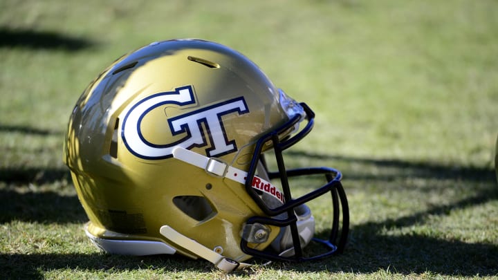 Oct 26, 2013; Charlottesville, VA, USA; Georgia Tech Yellow Jackets helmet on the sidelines during the game. The Yellow Jackets defeated the  Virginia Cavaliers 35-25 at Scott Stadium. Mandatory Credit: Bob Donnan-USA TODAY Sports