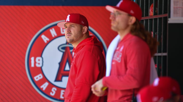 May 12, 2024; Anaheim, California, USA; Los Angeles Angels center fielder Mike Trout (27) watches game action against the Kansas City Royals during the first inning at Angel Stadium. Mandatory Credit: Gary A. Vasquez-USA TODAY Sports