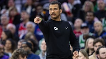 Feb 20, 2025; Philadelphia, Pennsylvania, USA; Boston Celtics head coach Joe Mazzulla reacts during the second quarter against the Philadelphia 76ers at Wells Fargo Center. Mandatory Credit: Bill Streicher-Imagn Images