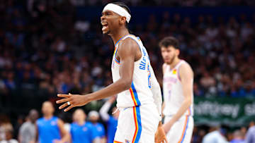 May 11, 2024; Dallas, Texas, USA; Oklahoma City Thunder guard Shai Gilgeous-Alexander (2) reacts during the game against the Dallas Mavericks during game three of the second round for the 2024 NBA playoffs at American Airlines Center. Mandatory Credit: Kevin Jairaj-Imagn Images