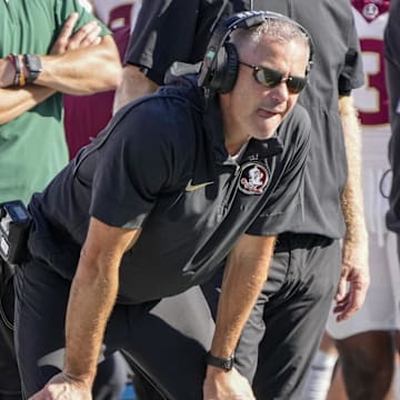 Oct 28, 2023; Winston-Salem, North Carolina, USA; Florida State Seminoles head coach Mike Norvell during the second half against the Wake Forest Demon Deacons at Allegacy Federal Credit Union Stadium. Mandatory Credit: Jim Dedmon-Imagn Images