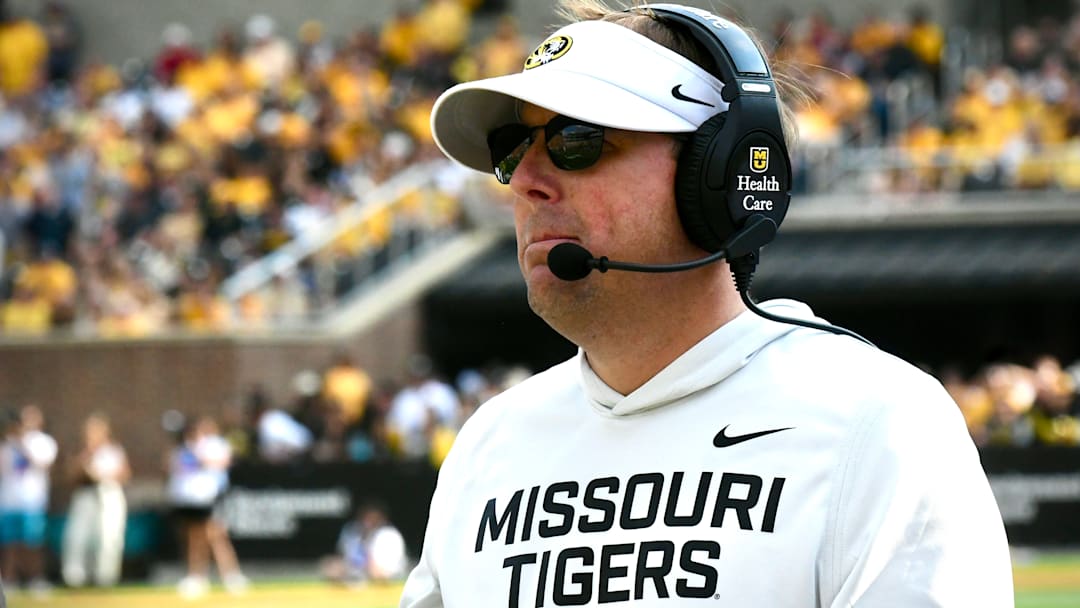Sep 6, 2025; Columbia, Missouri, USA; Missouri Tigers coach Eli Drinkwitz watches from the sideline in the second half of the Border War against the Kansas Jayhawks at Faurot Field at Memorial Stadium.