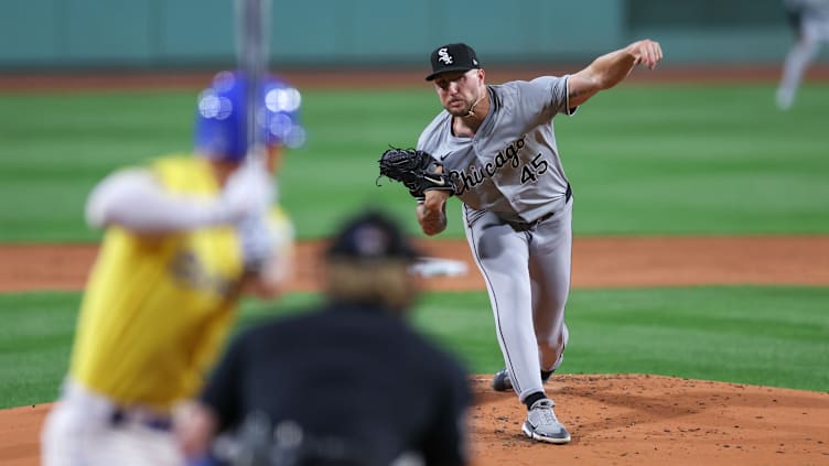 Sep 7, 2024; Boston, Massachusetts, USA; Chicago White Sox starting pitcher Garrett Crochet (45) throws a pitch during the first inning against the Boston Red Sox at Fenway Park. Mandatory Credit: Paul Rutherford-Imagn Images