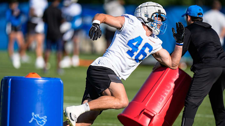 Detroit Lions linebacker Jack Campbell (46) practices during training camp at Meijer Performance Center in Allen Park on Tuesday, July 22, 2025.