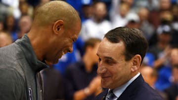 Nov 11, 2017; Durham, NC, USA; Duke Blue Devils head coach Mike Krzyzewski (right) shares a laugh with former player Shane Battier after a win against the Utah Valley Wolverines at Cameron Indoor Stadium.  Duke won 99-69.  The win was Duke Blue Devils head coach Mike Krzyzewski's 1000th at Duke. Mandatory Credit: Rob Kinnan-Imagn Images