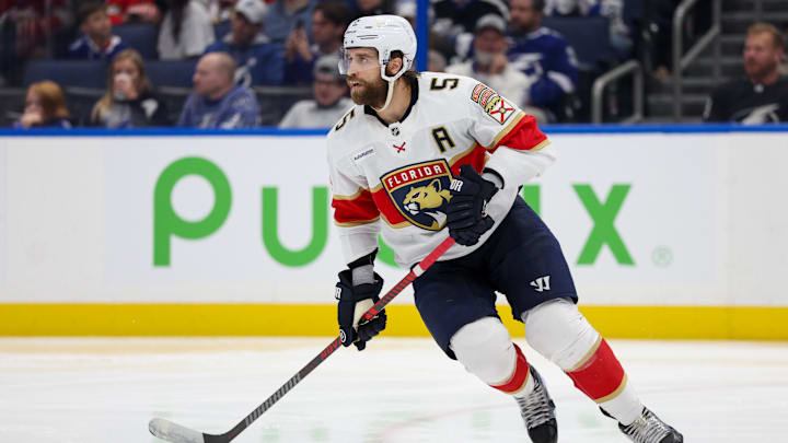 Dec 22, 2024; Tampa, Florida, USA; Florida Panthers defenseman Aaron Ekblad (5) looks on against the Tampa Bay Lightning in the third period at Amalie Arena. Mandatory Credit: Nathan Ray Seebeck-Imagn Images