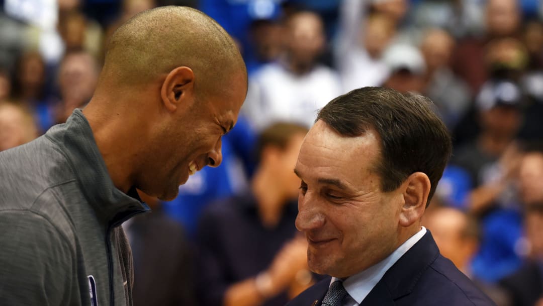 Former Duke basketball forward Shane Battier and head coach Mike Krzyzewski