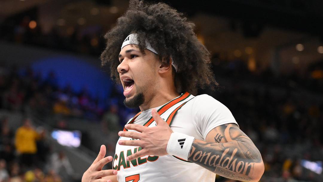 Mar 20, 2026; St. Louis, MO, USA; Miami (FL) Hurricanes guard Tre Donaldson (3) reacts before the game to start against the Missouri Tigers during a first round game of the men's 2026 NCAA Tournament at Enterprise Center. Mandatory Credit: Jeff Curry-Imagn Images