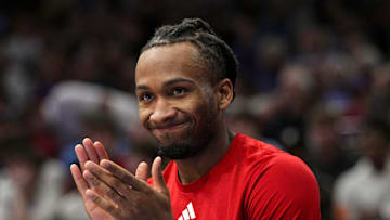 Oct 28, 2025; Lawrence, KS, USA; Kansas Jayhawks guard Darryn Peterson (22) reacts during the second half against the Fort Hays State Tigers at Allen Fieldhouse. Mandatory Credit: Jay Biggerstaff-Imagn Images