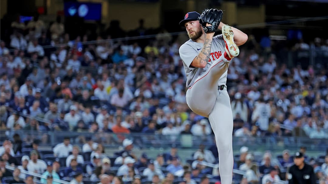 Sep 30, 2025; Bronx, New York, USA; Boston Red Sox pitcher Garrett Crochet (35) throws a pitch during the fourth inning against the New York Yankees during game one of the Wildcard round for the 2025 MLB playoffs at Yankee Stadium. Mandatory Credit: Brad Penner-Imagn Images