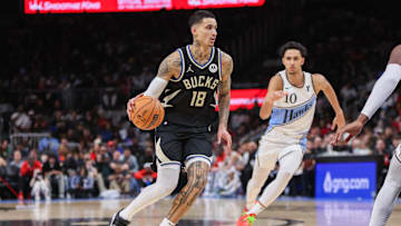 Feb 7, 2025; Atlanta, Georgia, USA; Milwaukee Bucks forward Kyle Kuzma (18) dribbles against the Atlanta Hawks in the second quarter at State Farm Arena. Mandatory Credit: Brett Davis-Imagn Images