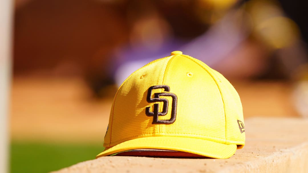 Feb 12, 2024; Peoria, AZ, USA; A general view of a hat belonging to a member of the San Diego Padres during a workout day at Peoria Sports Complex. Mandatory Credit: Allan Henry-Imagn Images

