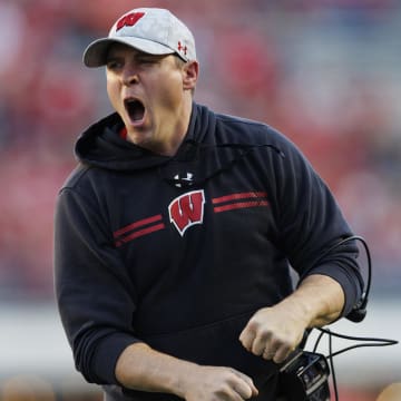 Oct 22, 2022; Madison, Wisconsin, USA;  Wisconsin Badgers head coach Jim Leonhard reacts to a call during the fourth quarter against the Purdue Boilermakers at Camp Randall Stadium. Mandatory Credit: Jeff Hanisch-USA TODAY Sports