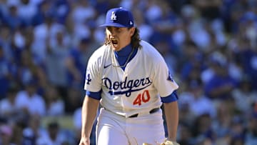 Oct 14, 2024; Los Angeles, California, USA; Los Angeles Dodgers pitcher Brent Honeywell (40) reacts in the seventh inning against the New York Mets during game two of the NLCS for the 2024 MLB Playoffs at Dodger Stadium. Mandatory Credit: Jayne Kamin-Oncea-Imagn Images