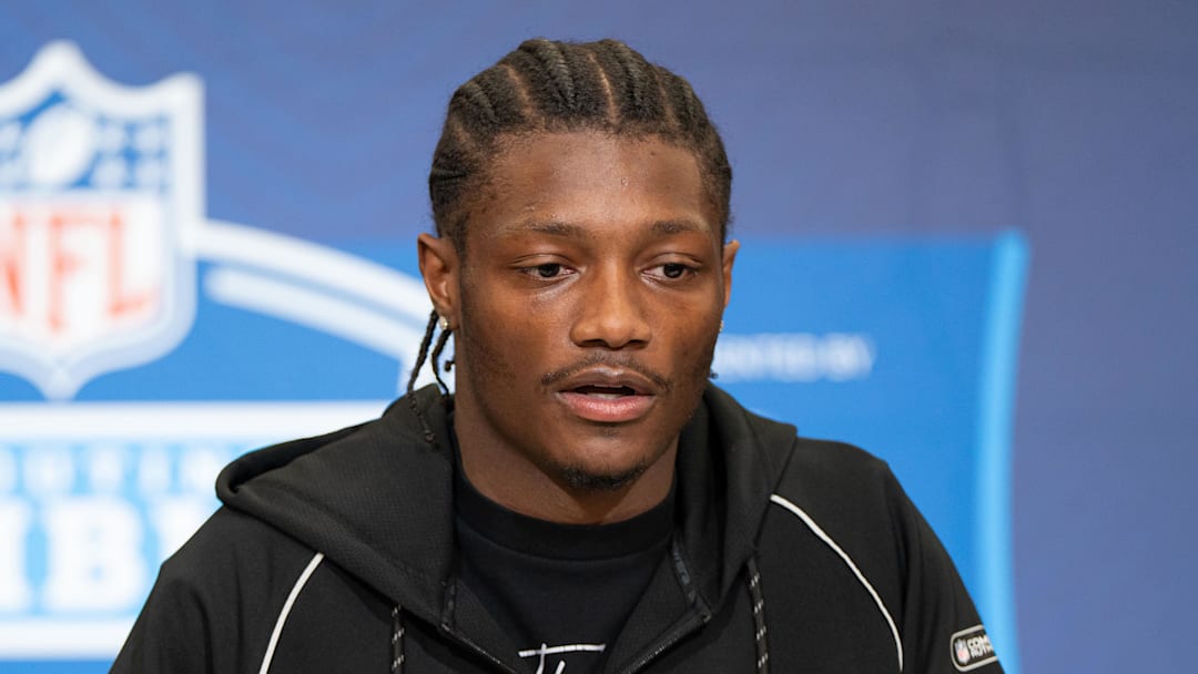 Feb 27, 2026; Indianapolis, IN, USA; Ohio State wideout Carnell Tate (WO37) speaks to members of the media during the NFL Combine at the Indiana Convention Center. Mandatory Credit: Jacob Musselman-Imagn Images