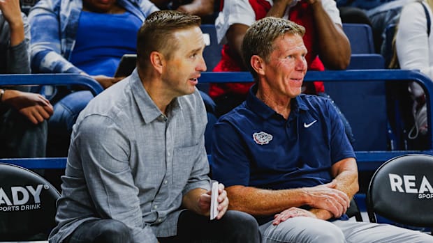 ESPN analyst Sean Farnham and Gonzaga head coach Mark Few  
