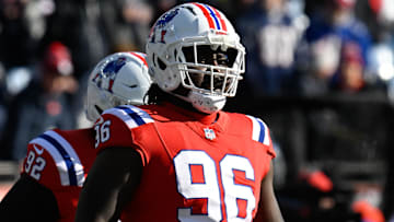 Dec 1, 2024; Foxborough, Massachusetts, USA; New England Patriots defensive tackle Eric Johnson II (96) warms up before a game against the Indianapolis Colts at Gillette Stadium. Mandatory Credit: Eric Canha-Imagn Images