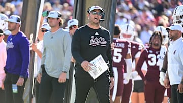 Oct 19, 2024; Starkville, Mississippi, USA;Mississippi State Bulldogs head coach Jeff Lebby walks down the sideline during the first quarter against the Texas A&M Aggies at Davis Wade Stadium at Scott Field. Mandatory Credit: Matt Bush-Imagn Images