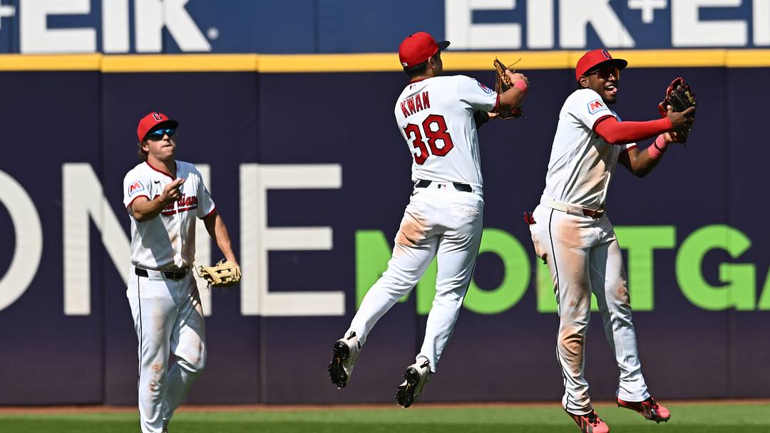 Aug 20, 2026; Cleveland, Ohio, USA; Cleveland Guardians center fielder Petey Halpin (0) and left fielder Steven Kwan (38) and right fielder Angel Martinez (1) celebrate after the Guardians beat the San Francisco Giants at Progressive Field. Mandatory Credit: Ken Blaze-Imagn Images