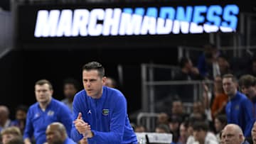 Mar 27, 2025; San Francisco, CA, USA; Florida Gators head coach Todd Golden watches play downcourt during the second half against the Maryland Terrapins during a West Regional semifinal of the 2025 NCAA tournament at Chase Center. Mandatory Credit: Eakin Howard-Imagn Images