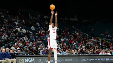 Nov 24, 2025; Las Vegas, Nevada, USA; Alabama Crimson Tide forward Aiden Sherrell (22) shoots against the Gonzaga Bulldogs during the first half in a 2025 Players Era Festival group play game at MGM Grand Garden Arena. Mandatory Credit: Stephen R. Sylvanie-Imagn Images
