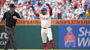 Jul 6, 2025; Philadelphia, Pennsylvania, USA; Philadelphia Phillies outfielder Kyle Schwarber (12) stands on second base after hitting an RBI double during the fifth inning against the Cincinnati Reds at Citizens Bank Park. Mandatory Credit: Eric Hartline-Imagn Images