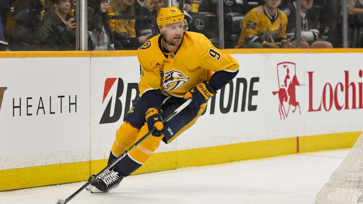 Mar 21, 2026; Nashville, Tennessee, USA;  Nashville Predators center Steven Stamkos (91) skates behind the net against the Vegas Golden Knights during the first period at Bridgestone Arena. Mandatory Credit: Steve Roberts-Imagn Images