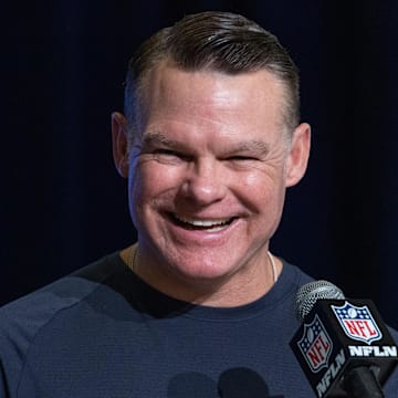 Mar 1, 2023; Indianapolis, IN, USA; Indianapolis Colts general manager Chris Ballard speaks to the press at the NFL Combine at Lucas Oil Stadium. Mandatory Credit: Trevor Ruszkowski-Imagn Images