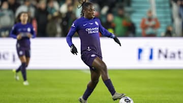 Nov 23, 2024; Kansas City, Missouri, USA; Orlando Pride forward Barbra Banda (22) controls the ball during the second half against the Washington Spirit in the 2024 NWSL Championship match at CPKC Stadium. Mandatory Credit: Jay Biggerstaff-Imagn Images