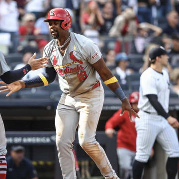 Sep 1, 2024; Bronx, New York, USA;  St. Louis Cardinals right fielder Jordan Walker (18) celebrates with catcher Iván Herrera (48) after scoring in the seventh inning against the New York Yankees at Yankee Stadium. Mandatory Credit: Wendell Cruz-USA TODAY Sports