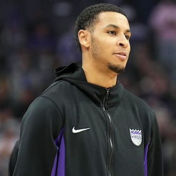 Mar 31, 2024; Sacramento, California, USA; Sacramento Kings forward Keegan Murray (13) before the game against the Utah Jazz at Golden 1 Center. Mandatory Credit: Darren Yamashita-Imagn Images