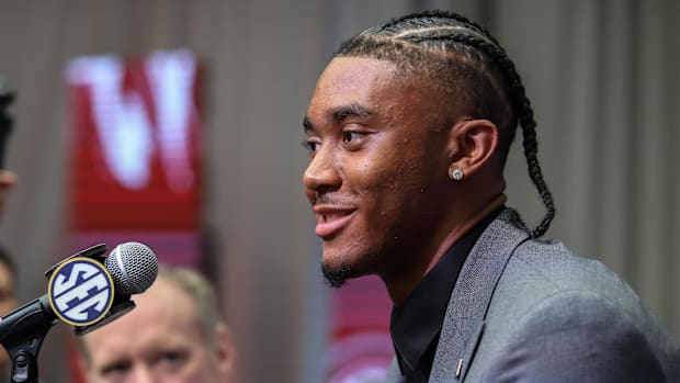 Arkansas Razorbacks quarterback Taylen Green answers questions from the media during SEC Media Days