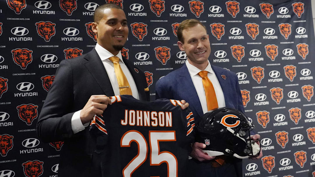 Jan 22, 2025; Lake Forest, IL, USA; Chicago Bears new head coach Ben Johnson (right) with general manager Ryan Poles pose for photos after a press conference introducing him at PNC Center. Mandatory Credit: David Banks-Imagn Images
