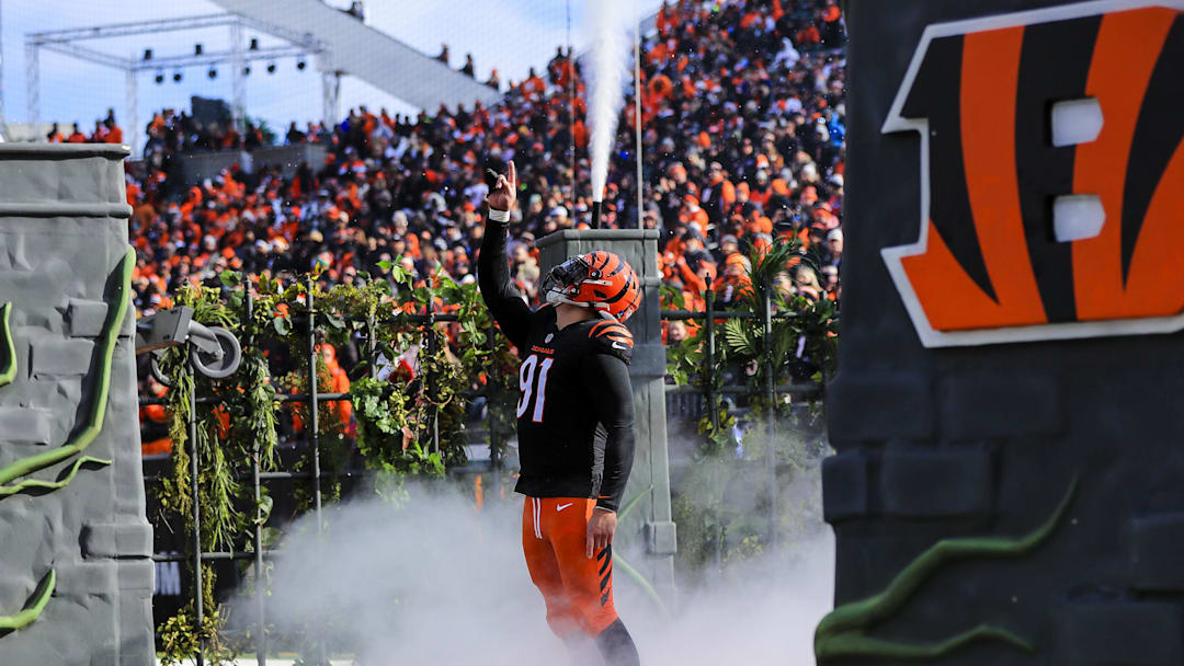 Dec 22, 2024; Cincinnati, Ohio, USA; Cincinnati Bengals defensive end Trey Hendrickson (91) runs onto the field before the game against the Cleveland Browns at Paycor Stadium. Mandatory Credit: Katie Stratman-Imagn Images