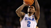 Nov 7, 2025; Los Angeles, California, USA;  UCLA Bruins guard Donovan Dent (2) shoots a free throw during the second half against the Pepperdine Waves at Pauley Pavilion presented by Wescom Financial. Mandatory Credit: Kiyoshi Mio-Imagn Images