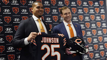 Jan 22, 2025; Lake Forest, IL, USA; Chicago Bears new head coach Ben Johnson (right) with general manager Ryan Poles pose for photos after a press conference introducing him at PNC Center. Mandatory Credit: David Banks-Imagn Images