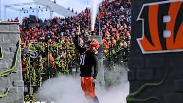 Dec 22, 2024; Cincinnati, Ohio, USA; Cincinnati Bengals defensive end Trey Hendrickson (91) runs onto the field before the game against the Cleveland Browns at Paycor Stadium. Mandatory Credit: Katie Stratman-Imagn Images
