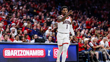 Nov 9, 2024; Tucson, Arizona, USA; Arizona Wildcats guard Caleb Love (1) celebrates a three-point basket against the Old Dominion Monarchs during the first half at McKale Center. Mandatory Credit: Aryanna Frank-Imagn Images
