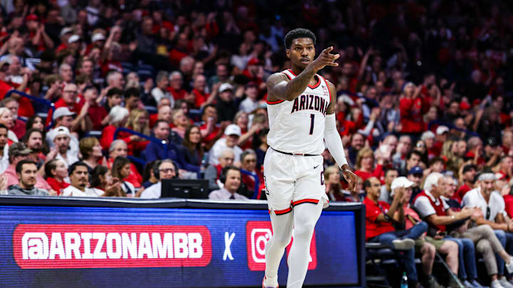 Nov 9, 2024; Tucson, Arizona, USA; Arizona Wildcats guard Caleb Love (1) celebrates a three-point basket against the Old Dominion Monarchs during the first half at McKale Center. Mandatory Credit: Aryanna Frank-Imagn Images