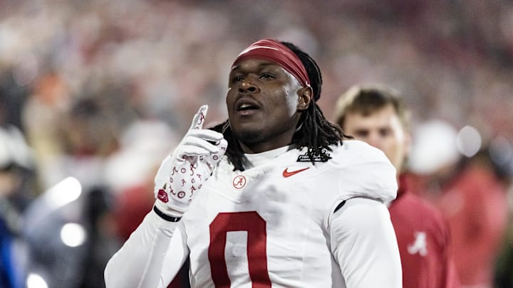 Dec 19, 2025; Norman, OK, USA; Alabama Crimson Tide linebacker Deontae Lawson (0) against the Oklahoma Sooners during the CFP National Playoff First Round at Gaylord Family Oklahoma Memorial Stadium. Mandatory Credit: Mark J. Rebilas-Imagn Images