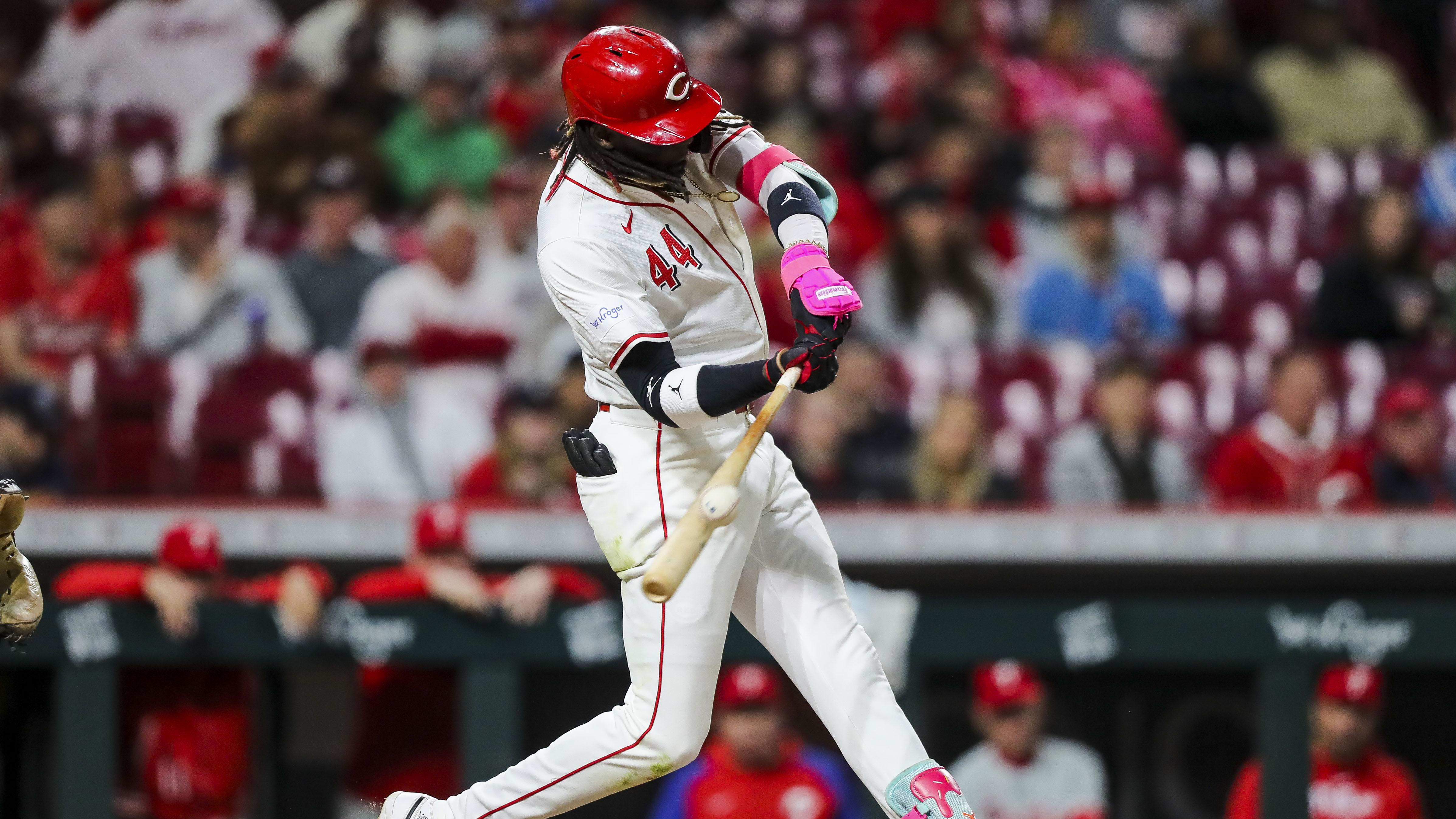 Apr 23, 2024; Cincinnati, Ohio, USA; Reds shortstop Elly De La Cruz bats against the Phillies.