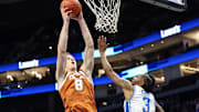 Nov 4, 2025; Charlotte, North Carolina, USA; Texas Longhorns center Matas Vokietaitis (8) goes to the basket against the Duke Blue Devils during the second half of the Dick Vitale’s Invitational game at Spectrum Center. Mandatory Credit: Cory Knowlton-Imagn Images